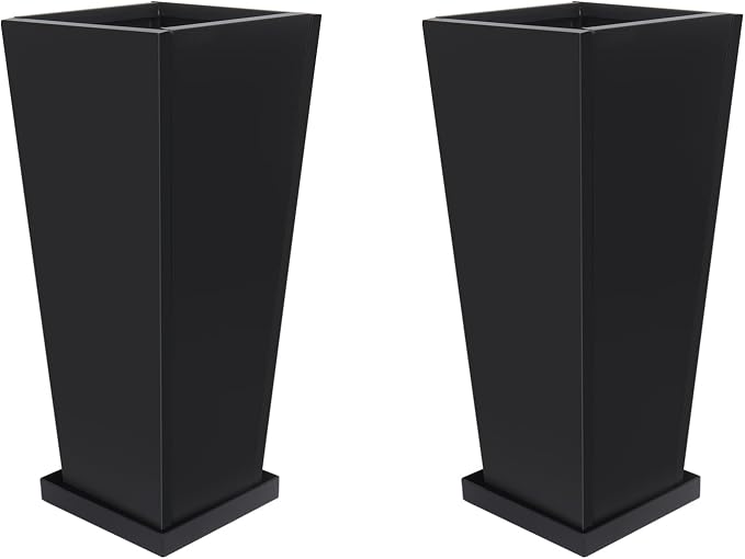 18" Metal Tall Outdoor Planters Set of 2, Durable & Wealtherproof | Tall Planters with Drainage Insert Shelve & Trays, Black Outdoor Planters for Porch, Garden, Yard