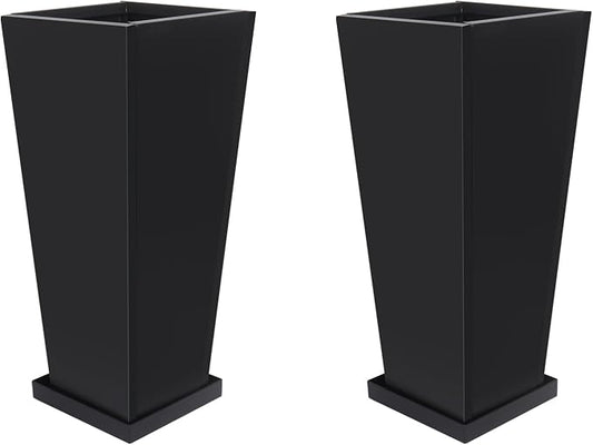 18" Metal Tall Outdoor Planters Set of 2, Durable & Wealtherproof | Tall Planters with Drainage Insert Shelve & Trays, Black Outdoor Planters for Porch, Garden, Yard