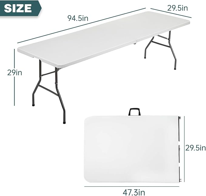 FDW 8 Foot Outdoor Dining Table, Foldable Portable Rectangular Plastic Folding Table with Built in Carrying Handle for Party and Wedding Use, White
