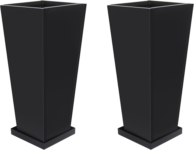 20" Metal Tall Outdoor Planters Set of 2, Durable & Wealtherproof | Tall Planters with Drainage Insert Shelve & Trays, Black Outdoor Planters for Porch, Garden, Yard