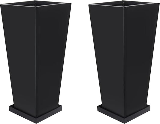 20" Metal Tall Outdoor Planters Set of 2, Durable & Wealtherproof | Tall Planters with Drainage Insert Shelve & Trays, Black Outdoor Planters for Porch, Garden, Yard