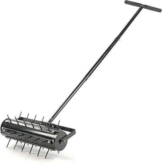 18in Rolling Lawn Aerator, Heavy Duty Manual Aerator Lawn Tool, Lawn Spike Aerator Roller with Adjustable Handle, Soil Penetrator Push Lawn Aeration for Garden Yard Patio (Black)