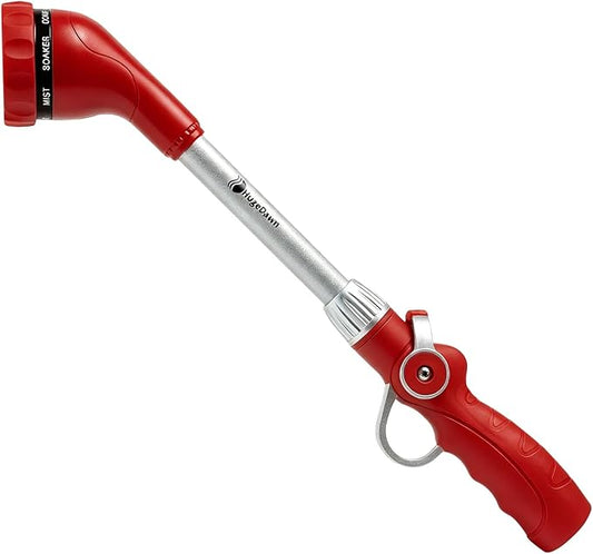 HugeDawn Garden Hose Wand, 16-Inch Heavy Duty Zinc Alloy & Aluminum Watering Wand with 8 Spray Patterns Thumb Control for Hanging Baskets, Garden, Cleaning (Red)