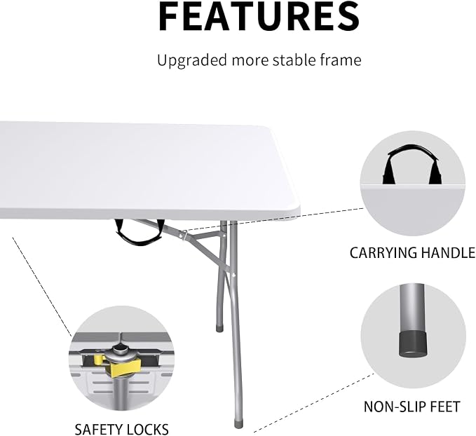 6FT Folding Tables – Heavy Duty Portable Foldable Picnic Table with Built-in Handle, 450 lb Capacity – Ideal for Events, Parties, Crafts, Camping & Dining (10-Pack, White)