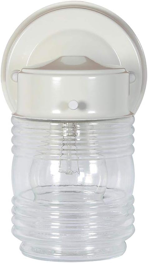 Design House Jelly Jar 1-Light Outdoor Wall Lantern, White Finish, Clear Ribbed Glass, Wet Rated Exterior Porch Light for Patio, Garage, Entryway, Front Door, and Deck, 500181