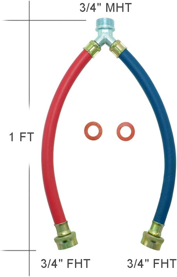 Rubber Washing Machine Y Mixer Hose Connector, Hot and Cold Color Coded, 3/4" Fittings, 1 ft (12") Length