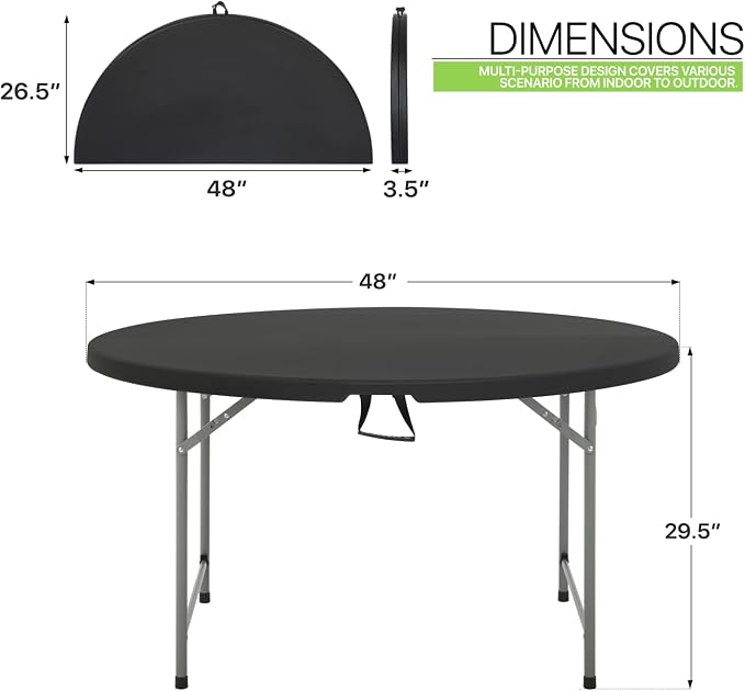 Magshion 48" Round Folding Table, 4 Feet Bi-Folding Plastic Commercial Dining Card Table w/Carrying Handle for Outdoor Wedding Party Event Picnic, Black