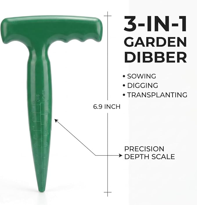 Seed Planter Tool, 6.9 Inch Green Plastic Dibber for Sowing Seeds, Planting Bulbs, Digging with Handle
