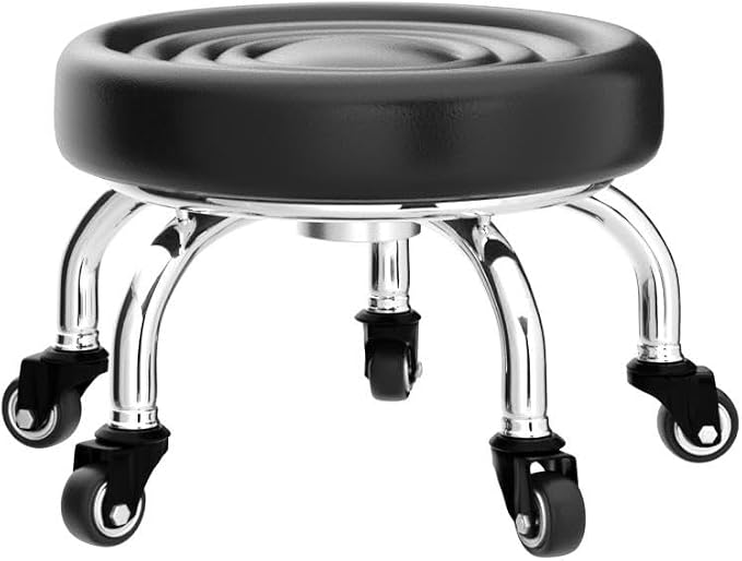 FLOLXNB Low Rolling Stool, Low Stool with Wheels, PU Leather Low Roller Seat Chair, Rolling Seat Stool for Home Office Garage Shop (Style 2)