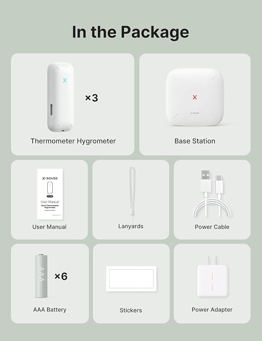 X-Sense Wi-Fi Temperature and Humidity Monitor, Indoor Humidity Meter with App Control, Hygrometer for House, Gardening, Free Data Storage Export, 3 Sensors & 1 Base Station