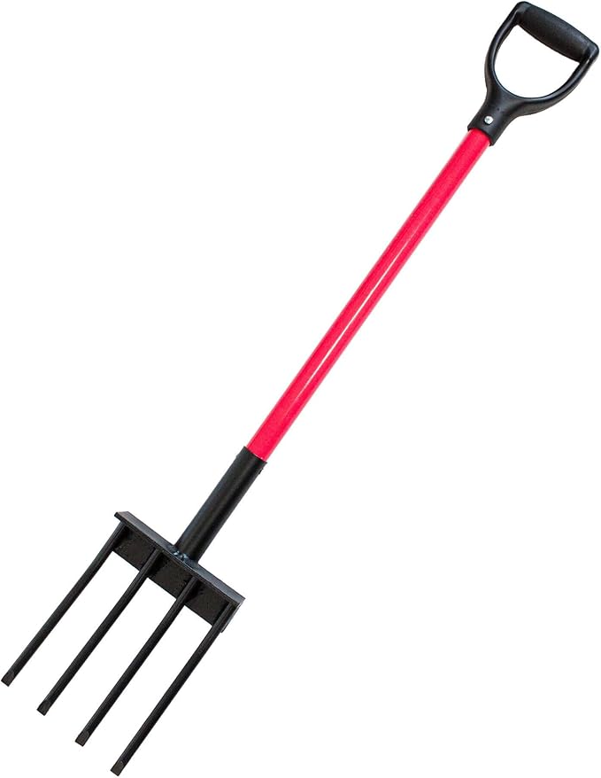 Bully Tools 4 Tines Spading Fork - Heavy Duty Garden Fork with Fiberglass Handle and Poly D-Grip Handle for Digging, Turning Soil, Compost Aeration, Root Crop Harvesting, Durable Steel Tines - 44-Inch