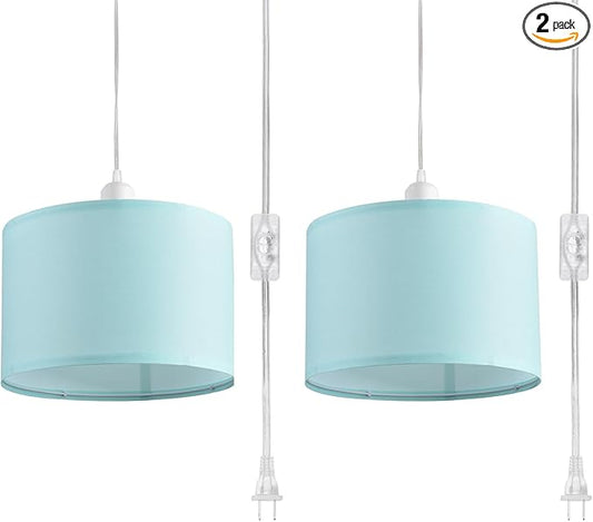2 Pack Plug in Pendant Light, Hanging Light with 15Ft Clear Cord, On/Off Switch, Blue Fabric Lamp Shade, Hanging Light Fixture for Bedroom, Kitchen, Living Room, Dining Table