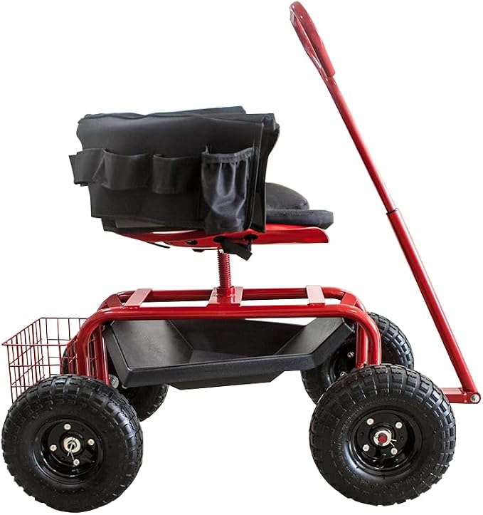 THUNDERBAY Garden Cart Rolling Workseat with Wheels, 360 Degree Swivel Seat, Wagon Scooter with Steering Handle & Utility Tool Tray for Planting, with Storage Basket and Tool Pouch, Red