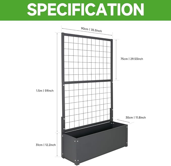 Garden Bed with Trellis Outdoor, Metal, 59in Tall | Metal Frame, 59in Tall Trellis for Climbing Plants, 12in Deep Planter, Drainage Holes, Privacy Screen, Garden Bed for Patio
