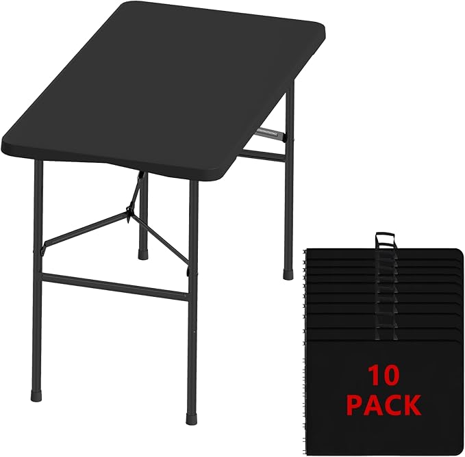 4FT Folding Tables – Heavy Duty Portable Foldable Picnic Table with Built-in Handle, 450 lb Capacity – Ideal for Events, Parties, Crafts, Camping & Dining (10-Pack, Black)