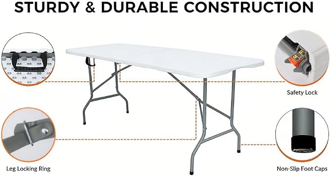Folding Table 6ft Foldable Table with Built in Handle & Steel Legs / 6FT Heavy Duty Folding Portable,Perfect for Party, Dining Indoor/Outdoor Events, Tailgating & Backyard BBQ, White