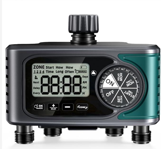 Sprinkler Timer for Outdoor Hose Faucet 4 Zone, Programmable Hose Timer with Rain Delay/Manual/Automatic Watering System, Water Timers for Garden Hose, Digital Drip Irrigation for Yard Lawn Outdoor