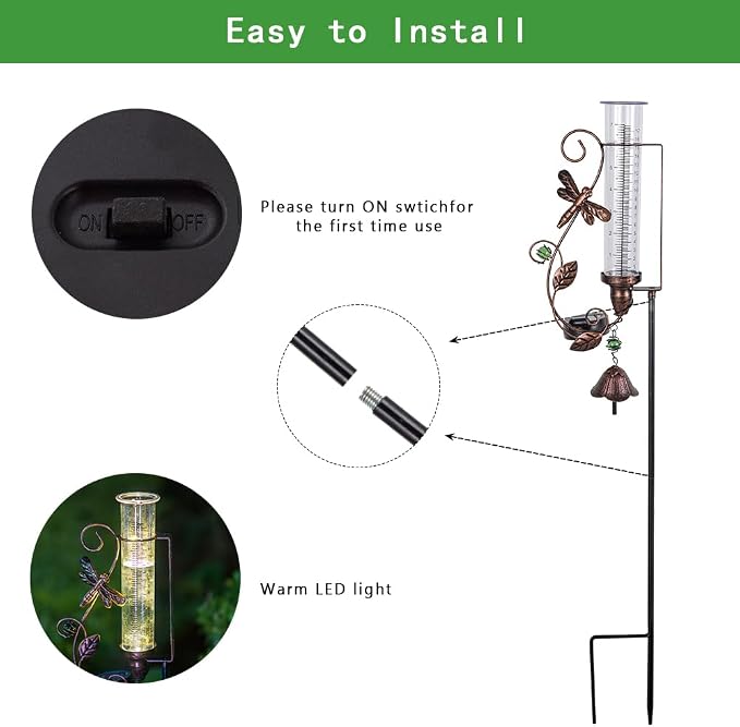 Rain Gauge Outdoor, Solar Rain Gauges with 7" Plastic Tube, Dragonfly Metal Rain Gauge with Decorative Bell for Garden Yard Lawn Decor