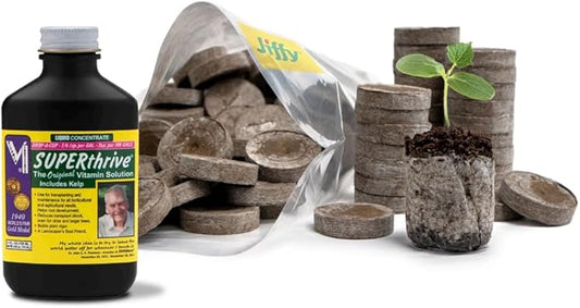 100 Count- Jiffy 36 MM Peat Soil Pellets Seeds Starting Plugs: Indoor Seed Starter- Start Planting Indoors for Transplanting to Garden and SUPERthrive Plant Vitamin Solution with Kelp, 4 Oz.