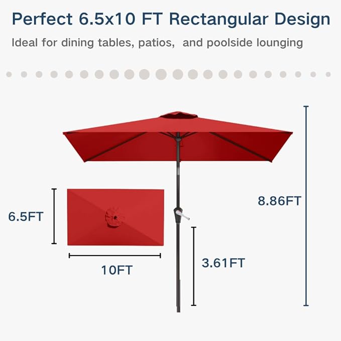 6.5' x 10' Rectangular Patio Umbrella Large Outdoor Market Umbrella w/UV Protection, Push Button Tilt and Crank Lift, Rectangle Table Umbrella for Garden, Deck, Pool, Patio, Red