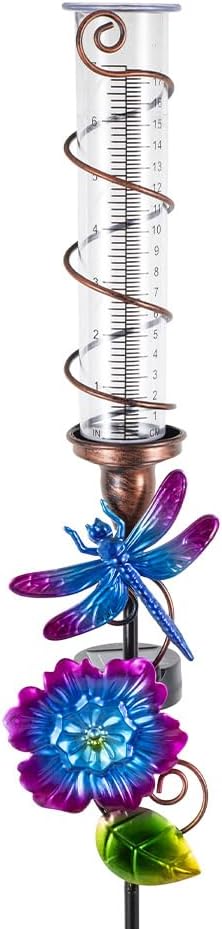 Stargarden Rain Gauge Outdoor, Solar Rain Gauge, Solar Measuring Gauge, Dragonfly Decorative Rain Gauge with 7" Plastic Tube for Yard Lawn Garden