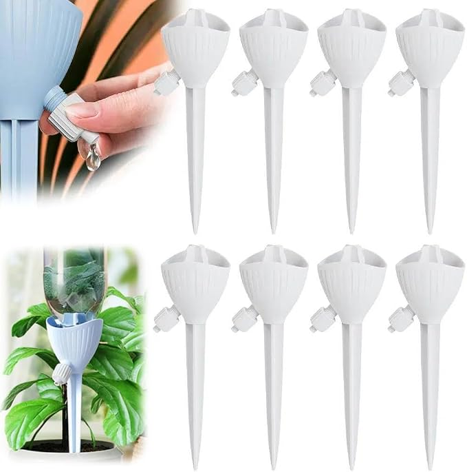 Self Watering Spikes, 4/8 Pack Automatic Plant Waterer with Adjustable Valve, Drip Irrigation Stakes for Indoor & Outdoor Plants, Self Watering Insert Devices for Garden, Vacation (8, White)