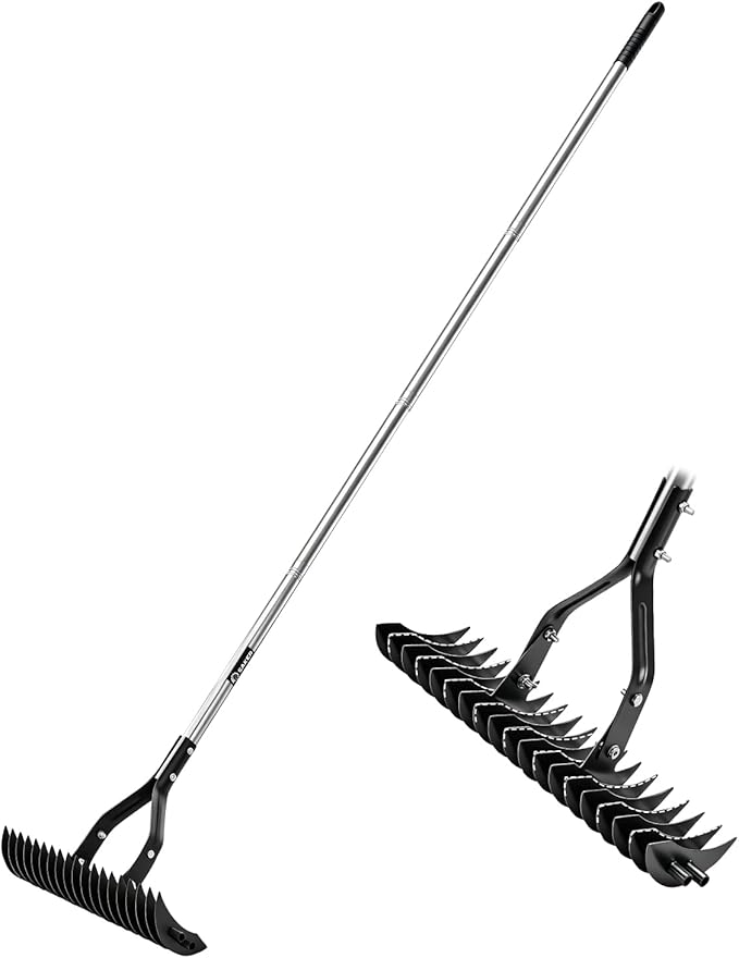 Saker Thatch Rake for Lawn Dethatching, 15" Heavy Duty Thatching Rake with 71" Adjustable Long Handle, 19 Dual-Side Steel Tines, Metal Turf Rake for Grass, Soil, Yard & Garden Lawn Care