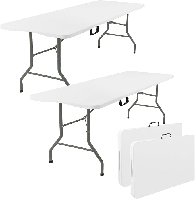 2 Pack 5 Feet Portable Folding Table White, Steel Legs Fold-in-Half with Carrying Handle Rectangular Plastic Foldable Table for Party, Wedding, Camping, Picnic, Dining, Indoor Outdoor Events (White)