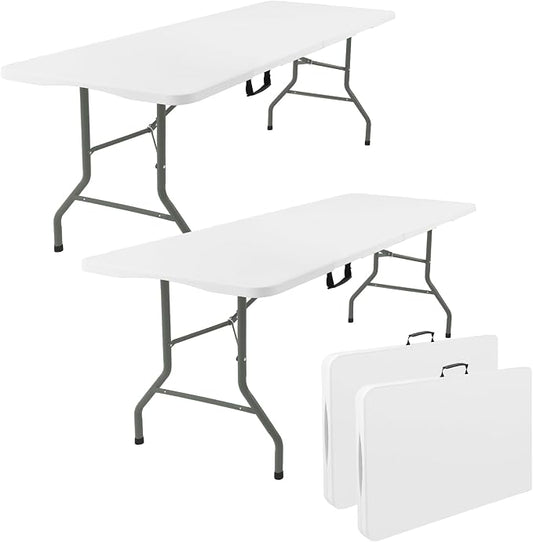2 Pack 5 Feet Portable Folding Table White, Steel Legs Fold-in-Half with Carrying Handle Rectangular Plastic Foldable Table for Party, Wedding, Camping, Picnic, Dining, Indoor Outdoor Events (White)