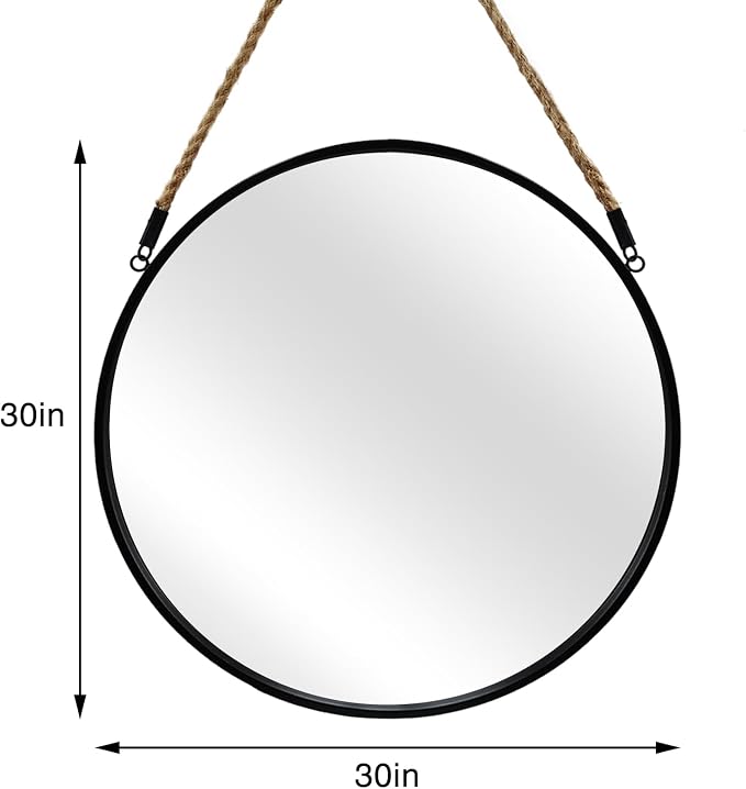 POZINO Round Hanging Mirror with Rope, 30 Inch Large Circle Wall Mirror, Black Metal Frame Farmhouse Mirror for Bathroom Bedroom Living Room Entryway Hallway