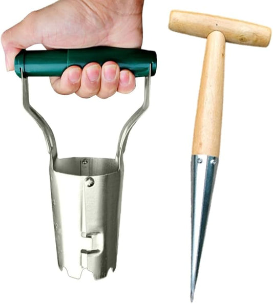 Bulb Planter+Seed Dibber, Dark Green PP Handle, Galvanized Steel, Bulb Planter Tool Length 230mm(9.2"), Dibbler Gardening Tool 11.2", Easy Drilling/Transplanting/Planting