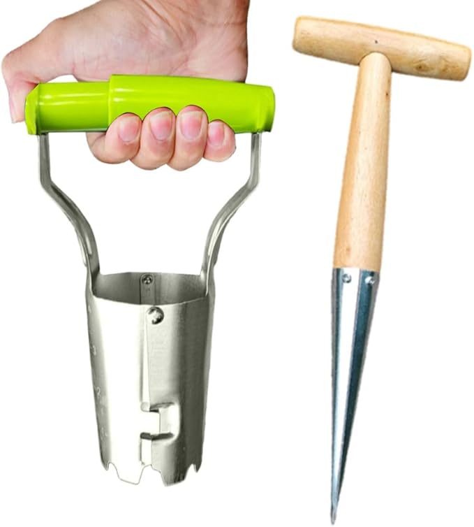Bulb Planter+Seed Dibber, Light Green PP Handle, Galvanized Steel, Bulb Planter Tool Length 230mm(9.2"), Dibbler Gardening Tool 11.2", Easy Drilling/Transplanting/Planting