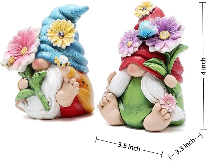 Hodao 2PCS Spring Flower Gnome Figurines Decorations - Resin Summer Gnomes Plush Decor for Indoor Garden Office, Cute Floral Gnome Ornaments Gift for Housewarming, Birthday, Holiday