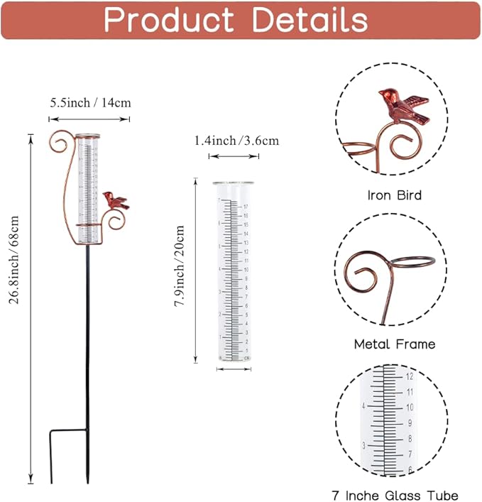 Cardinal Rain Gauge Outdoor, 7 Inch Metal Rain Gauges for Measuring Precipitation, Patio, Garden Yard Decor
