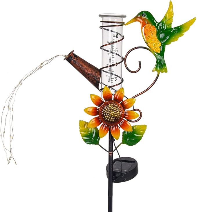 Rain Gauge Outdoor, Solar Hummingbird Rain Gauges, Rust-Proof Fallrain Gauge for Yard, Lawn Pathway, Passage, Patio