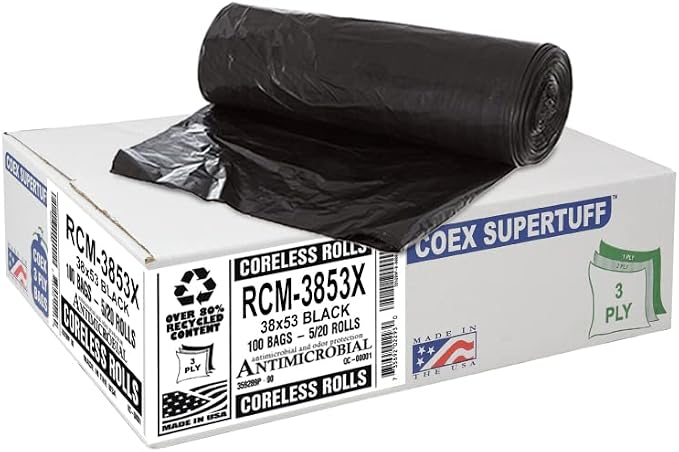 Aluf Plastics 44 Gallon 1.5 MIL (eq) Black Heavy Duty Trash Bags - 38" x 53" - Pack of 100 - For Construction, Industrial, Outdoor, & Commercial