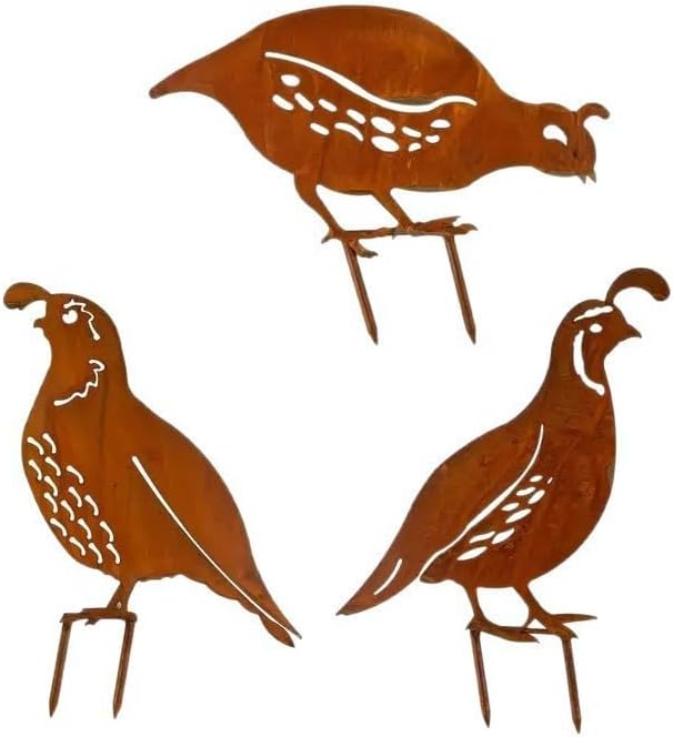 3 Pack Rusty Quail Family Decorative Garden Stakes, Metal Birds Statues Garden Sculptures and Yard Art, Patio, Lawn Ornaments Decor(Brown)