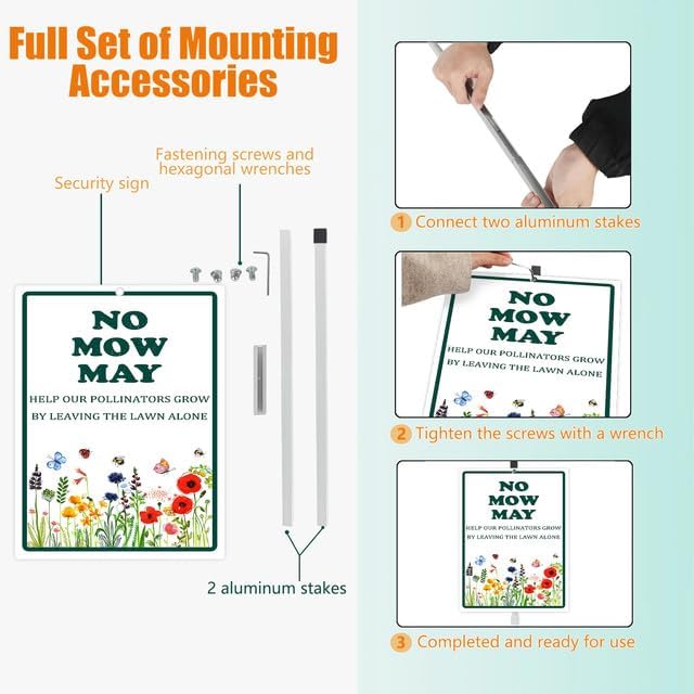 No Mow May Yard Sign With Stake Do Not Mow Reflective Aluminum Lawn Signs Rust Free Protect Pollinator Habitat Wildflowers Garden Signs (8x12) IN