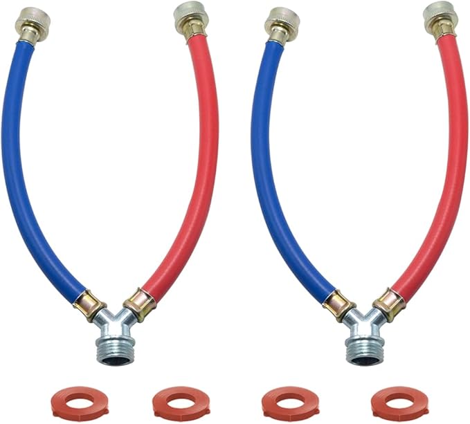 Rubber Washing Machine Y Mixer Hose Connector, Hot and Cold Color Coded, 3/4" Fittings, 1 ft (12") Length 2PACK