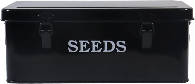 Seed Storage Box Metal Seed Container Seed Packet Storage Organizer, Seed Storage Container with Lid Seed Envelope Storage Box-4 Compartments Garden Seed Box with Safety Locks-Black