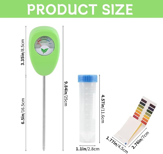 Soil Moisture Meter for Plants Kit, 6.5 in Probe Analog Water Meter No Battery, Includes 25 pH Test Strips and Sample Tube, for Potting Soil and Garden Pots