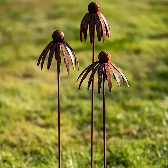 Rustic Metal Coneflower Garden Stakes, Set of 3, Rusted Iron Daisy Yard Art, 30.71x5.12 Inch, Weather-Resistant Lawn Pathway, Patio Decor (Bronze)