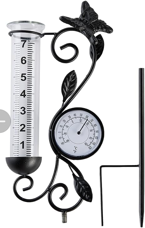 Butterfly Rain Gauge Garden Decor, 32" Thermometer Patio Decor, 7" Capacity Rain Gauge Replacement Tube Glass, Outdoor Temperature Patio Decor