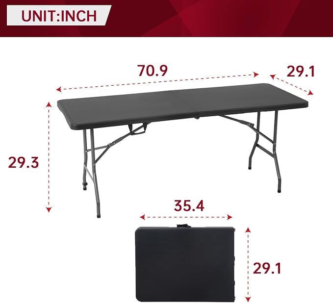 PayLessHere | 6FT Folding Table | Black | Portable Plastic Table with Carry Handle | Waterproof & Foldable Table Design | Steel Frame with Lock | for Events, Camping, Indoor & Outdoor Use