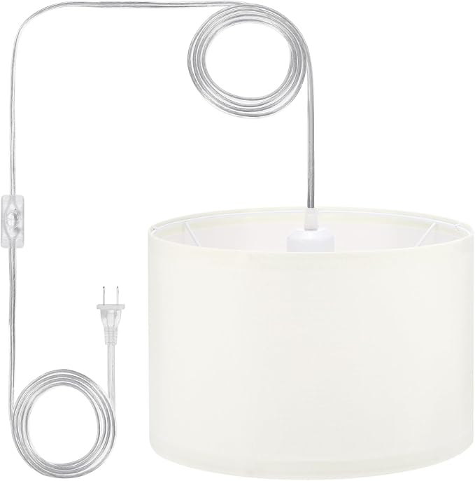 PATIKIL Plug in Pendant Light, 15Ft Rope Cord Hanging Lamp Fixture with ON/Off Switch, Linen Fabric Shade E26/E27 Bulb Socket for Bedroom Kitchen Living Room, Beige White