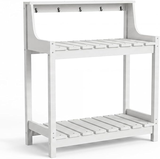 Potting Benches for Outside, HDPE Garden Potting Table All Weather, Outdoor Potting Table with Storage for Patio, Backyard, Garden, White