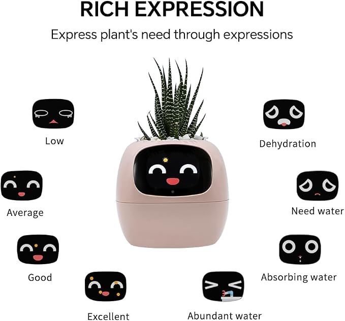 Smart Plant Pot with Expression, AI Intelligent Flower Pot for Indoor Decoration, Smart Garden Pot with Water/Light/Temperature Sensors, Ivy AI Planter(Pink)