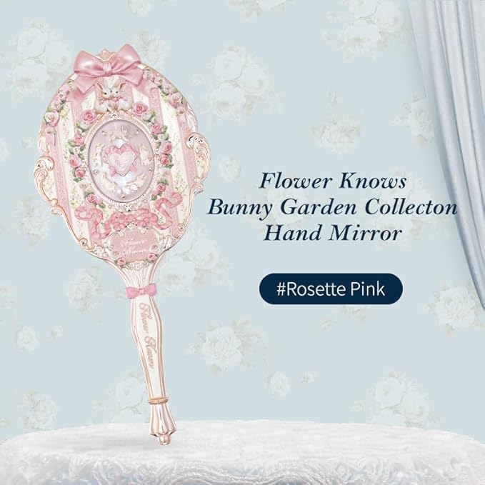 Flower Knows Bunny Garden Collection Hand Mirror,Vintage Portable Handheld Mirror,Fancy & Pretty Princess Mirror with Long Handle,Gift for Girls(Rosette Pink)