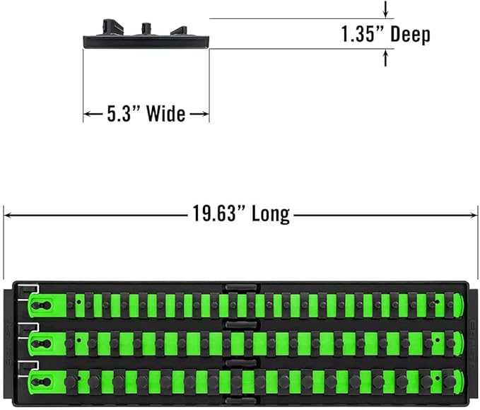 Ernst Manufacturing 8481 Socket Boss 3-Rail Multi-Drive Socket Holder Tray for Toolbox, Twist-Lock Secures Sockets, Green, Clips for SAE, Metric Socket Sets - Made in USA