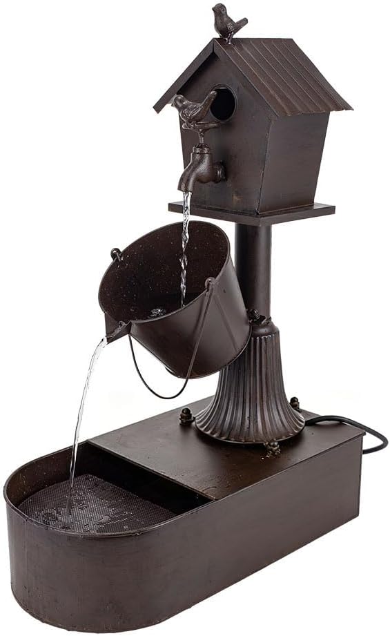 Metal Water Fountain Outdoor 27" Birdhouse Waterfall Fountain, Rustic Outdoor Water Fountain with Tilted Bucket for Garden Patio Yard Deck Decor, Dark Bronze
